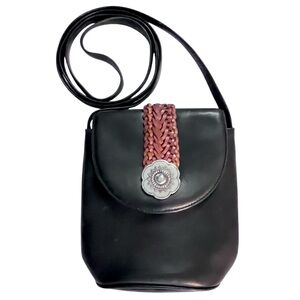 Brighton One World Black Leather Canteen Crossbody Bag Braided Accent